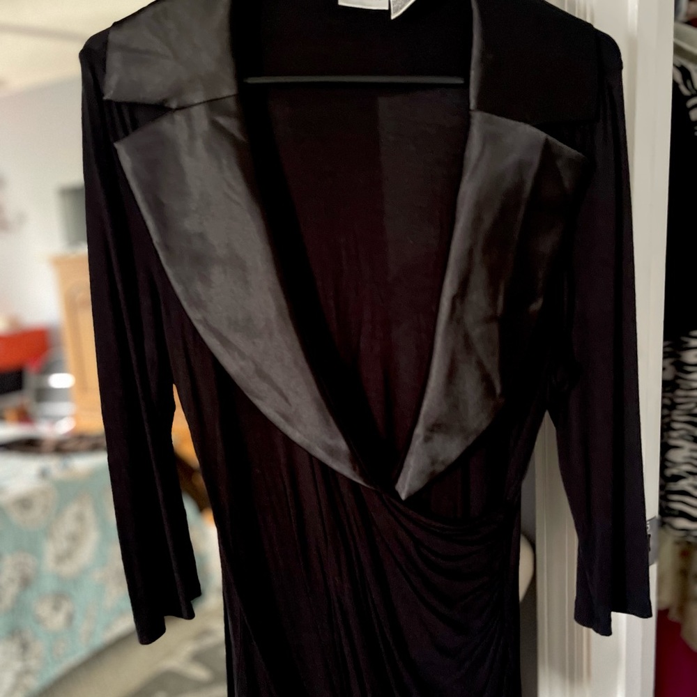 Newport News Black Blouse with Satin Collar